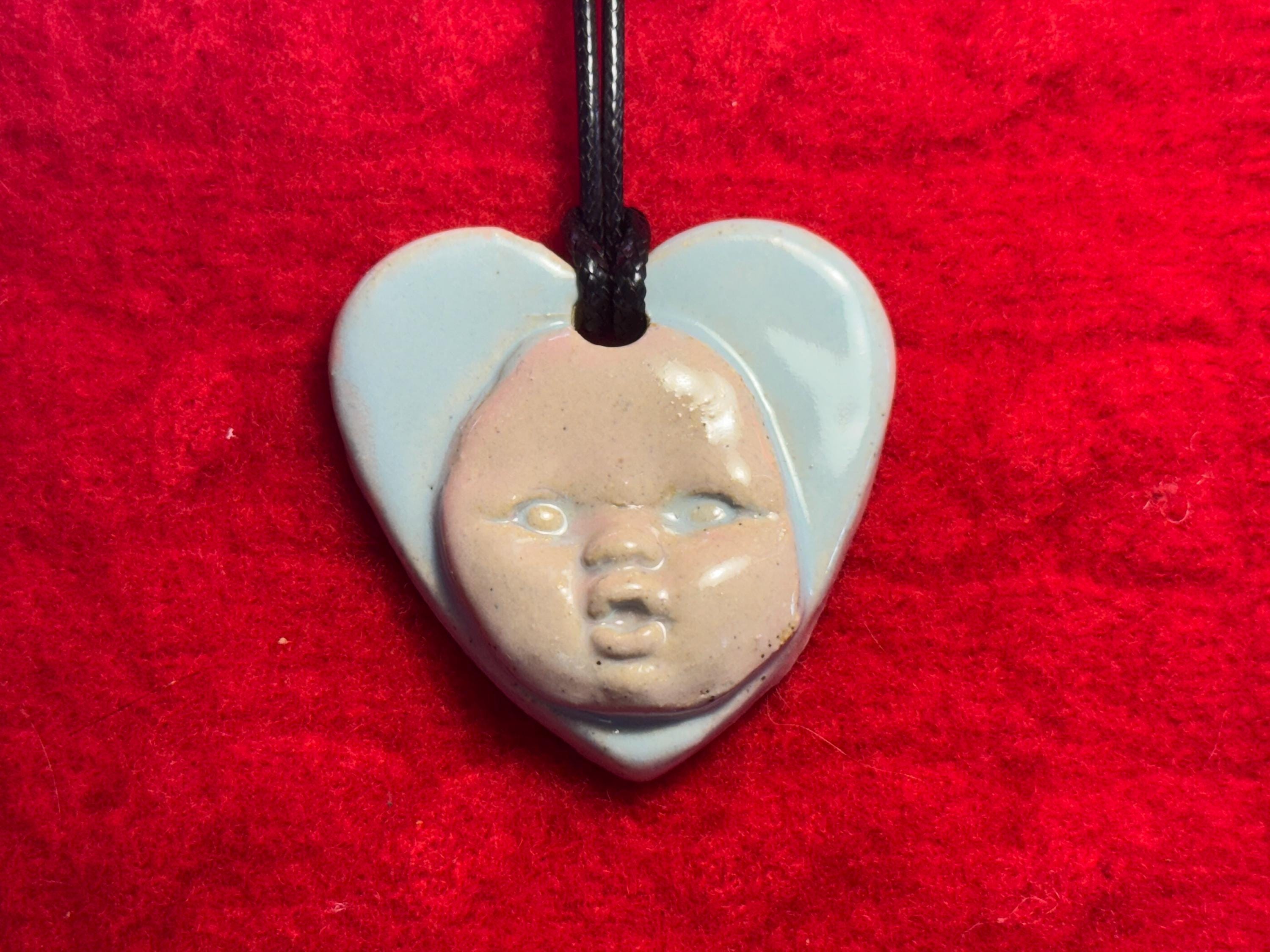 Handmade Ceramic Baby Face Necklace - Blue & Pink