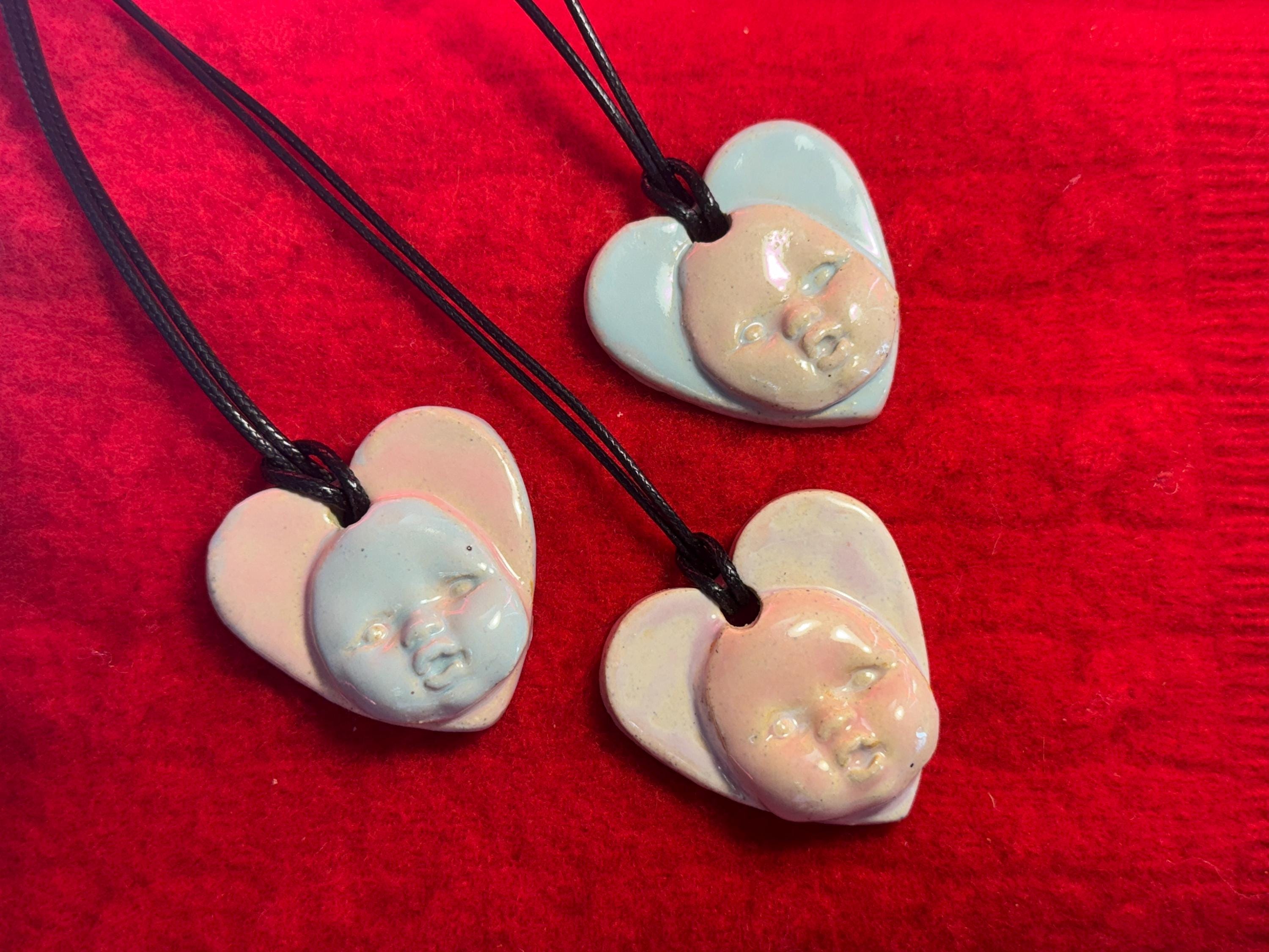 Handmade Ceramic Baby Face Necklace - Blue & Pink