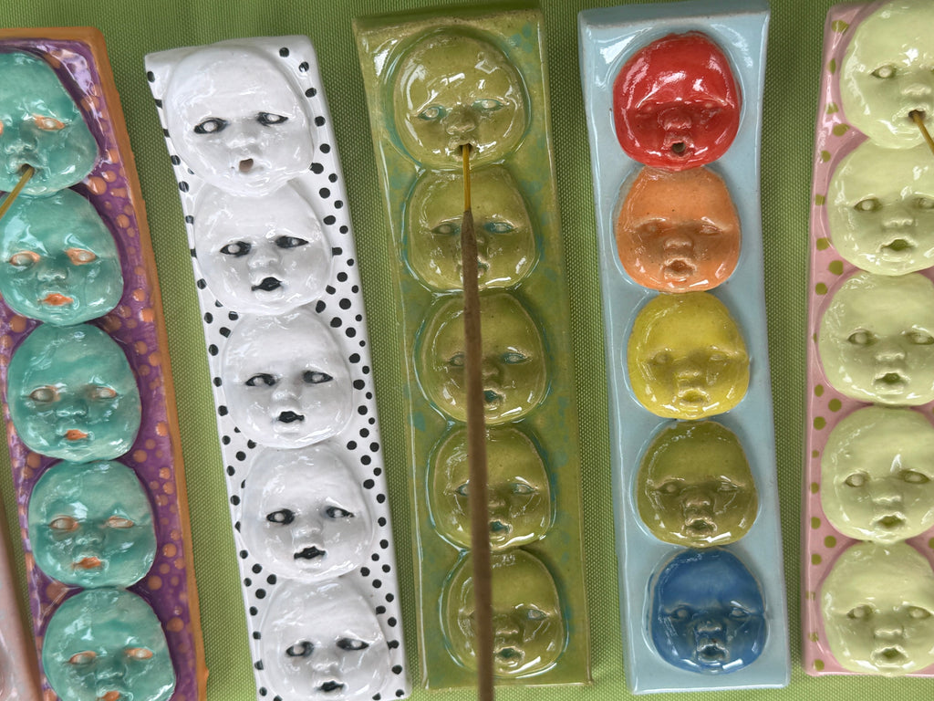 baby face incense holder - purple, blue, orange