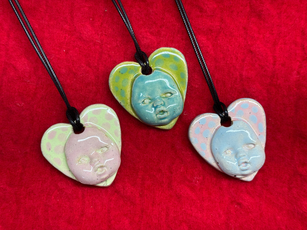 baby face necklace - green & pink